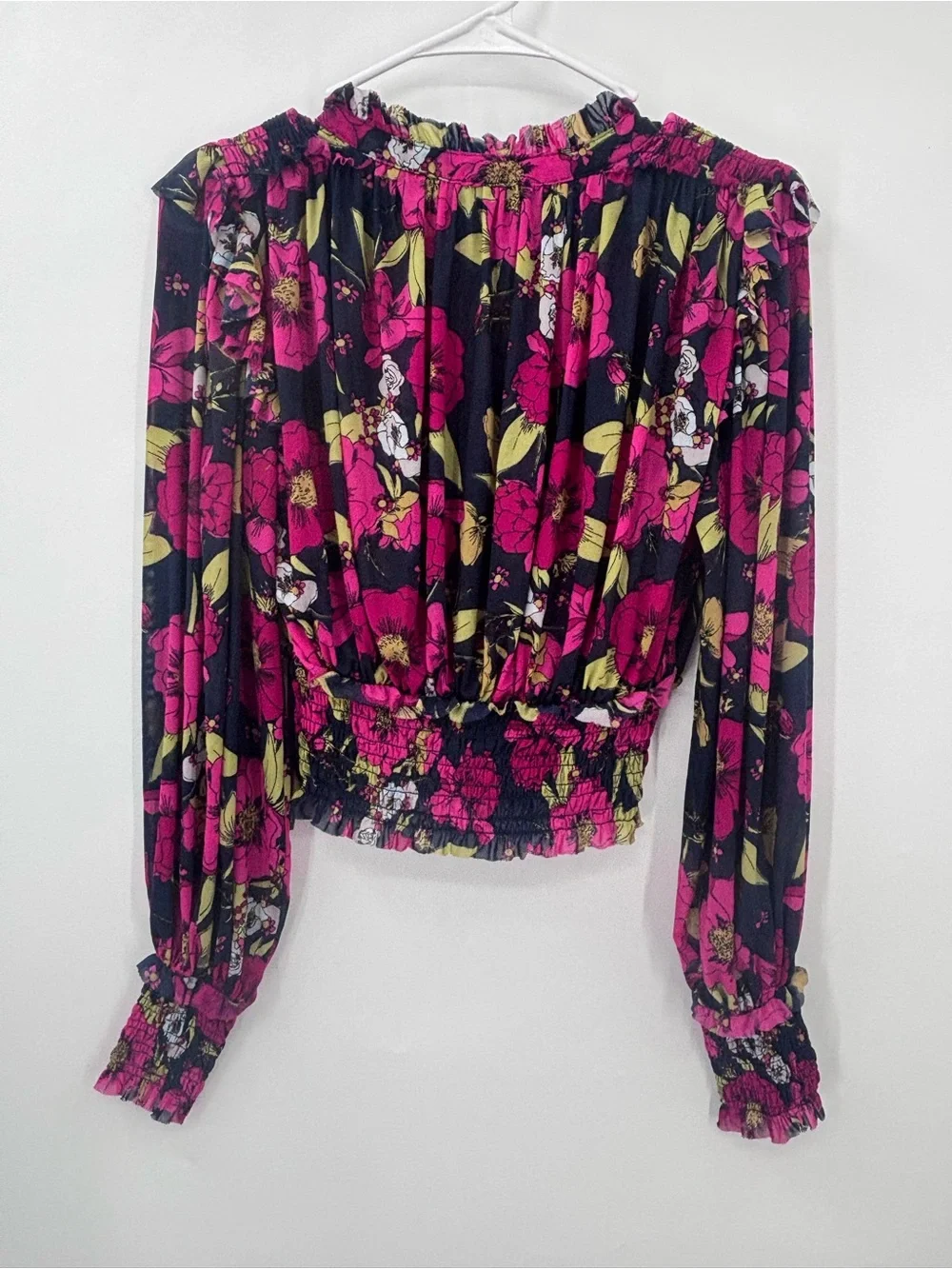 Free People Black Blouse with Fuchsia Floral Print